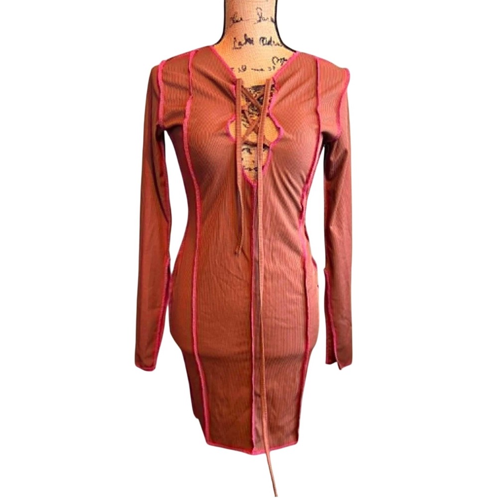 NWT PrettyLittleThing Womens‎ Overlock Seam Lace Up Bodycon Dress Brown Size 8